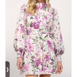 Fate Linen Floral Shirt‎ Dress Belted Smocked Size Large Cottage Core Lavender